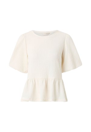 Witte, gestructureerde blouse met korte mouwen, ronde halslijn en uitlopende peplum zoom.