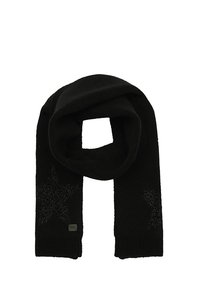 Sciarpa nera realizzata in materiale morbido, con motivi a stella grigi testurizzati e un piccolo etichetta con logo. È arrotolata e parzialmente distesa.