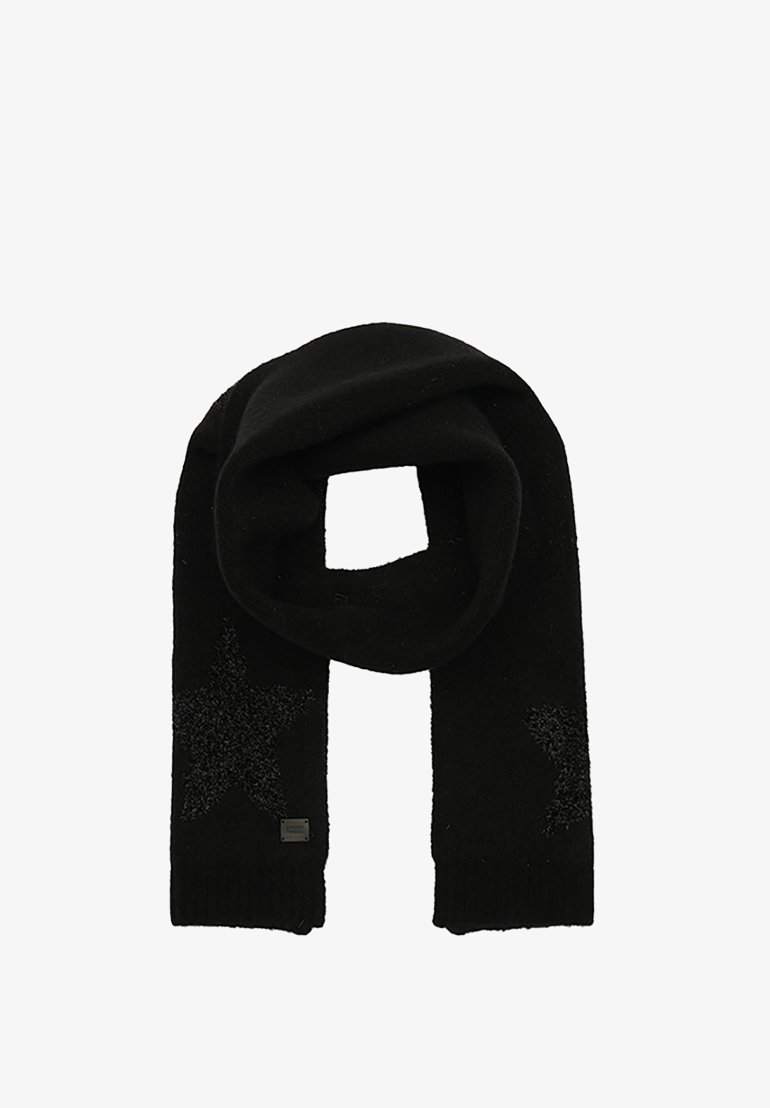 Sort tørklæde lavet af blødt materiale, med strukturerede grå stjernemønstre og et lille logomærke. Det er rullet og delvist lagt fladt.