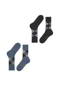 Chaussettes à motif argyle dans des tons de bleu et de noir, avec des formes de diamants en gris et des accents orange. Fabriquées en matériau doux et texturé.