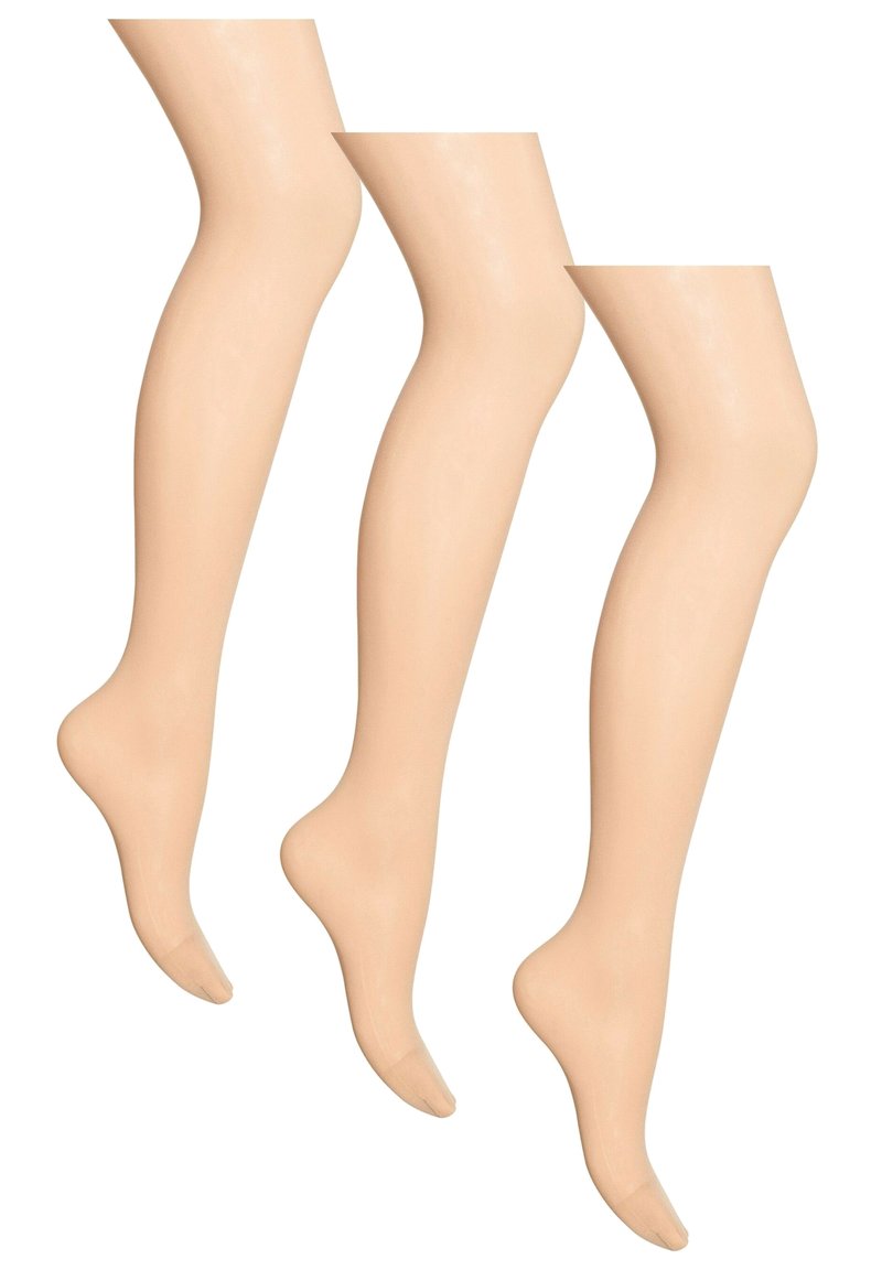 Beige ondoorzichtige panty’s weergegeven in drie paar, met een gladde textuur en een gevormde voet met een versterkt teengebied.