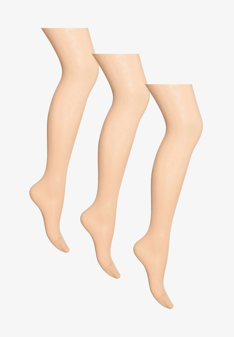 Beige ondoorzichtige panty’s weergegeven in drie paar, met een gladde textuur en een gevormde voet met een versterkt teengebied.