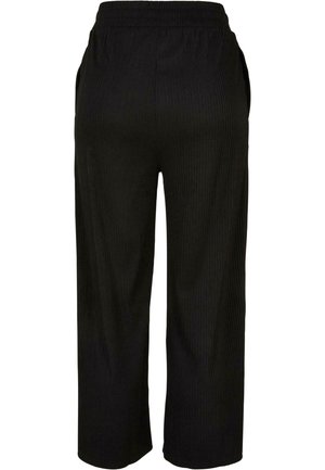 Black, ribbed cropped pants featuring an elastic waistband and side pockets. The material has a soft texture with a straight leg design.