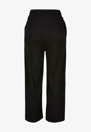 Schwarze, gerippte, verkürzte Hosen mit einem elastischen Taillenbund und seitlichen Taschen. Das Material hat eine weiche Textur und ein gerades Bein-Design.