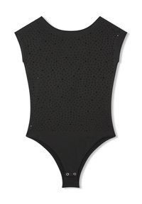 Body nero con superficie testurizzata caratterizzata da piccoli intagli e decorazioni. Maniche corte e chiusura a pressione sul fondo.