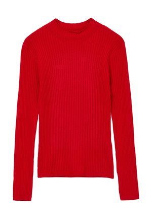 Maglione rosso a coste con maniche lunghe e colletto alto. Presenta una forma aderente e una superficie liscia in tutto il capo.