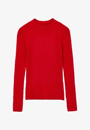 Roter gerippter Strickpullover mit langen Ärmeln und hohem Kragen. Hat eine taillierte Form und eine durchgehend glatte Textur.