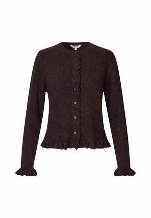 Cardigan de culoare vișiniu închis, fabricat din material tricotat moale. Are nasturi în față, un tiv volanat și manșete volanate. Design cu mâneci lungi.