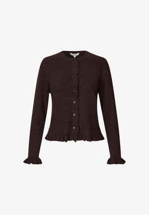 Tumman viininpunainen neulekortti, joka on valmistettu pehmeästä neulemateriaaleista. Siinä on etunapit, röyhelöhelma ja röyhelöhiha. Pitkät hihat.