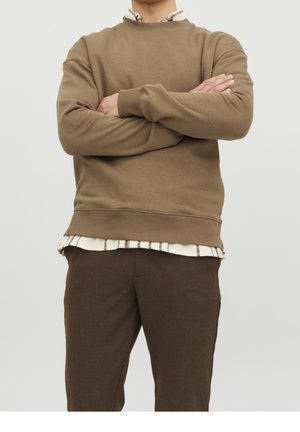 Uomo in piedi con le braccia incrociate, indossa un felpa marrone, una maglietta a righe sotto e pantaloni marroni scuri, su uno sfondo bianco semplice.