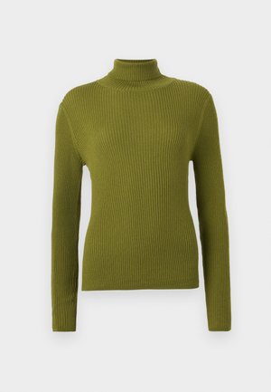 Ribbed turtleneck sweater in olive green, featuring long sleeves and a fitted design. Made from a soft, textured fabric.