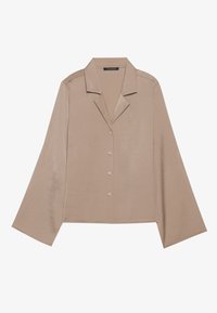 Beige Hemd mit Knöpfen, Kragen, langen weiten Ärmeln, glatter Textur und fünf Knöpfen an der Vorderseite. Einfaches, elegantes Design.