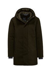 Parka isolata di colore verde scuro con cappuccio e chiusura a pressione. Presenta tasche laterali e polsini blu scuro a contrasto. Tessuto dalla consistenza liscia.
