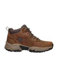 Bruine halfhoge wandelboot met een leren bovenwerk met textuur, een gepolsterde kraag, metalen oogjes en een robuuste zwarte rubberen loopzool.