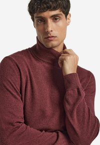 Burgundowy sweter z golfem wykonany z miękkiej dzianiny, z wysokim kołnierzem, długimi rękawami i ściągaczami na mankietach. Gładka tekstura.