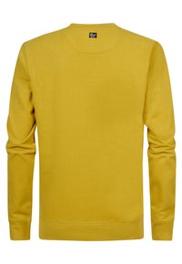 Mosterdgele sweatshirt, ronde hals ontwerp, lange mouwen, ribgebreide manchetten en zoom, gladde textuur, merklabel aan de achterkant van de hals.