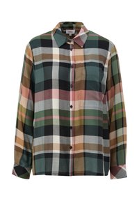 Chemise à manches longues à carreaux avec des couleurs vert, noir, beige et rose ; boutonnage avant, col et poche poitrine unique. Confectionnée en tissu doux.