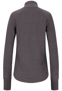 Long-sleeve, dark gray pullover with a high collar, featuring flatlock seams and subtle texture. Includes accent stitching on sleeves.
