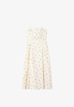 Witte midi-jurk met dunne bandjes en kleine roze bloemenprint, met een aansluitend lijfje en een uitlopende rok.