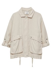 Veste légère beige avec col, deux grandes poches avant, fermetures à pression et cordons ajustables à l'ourlet.