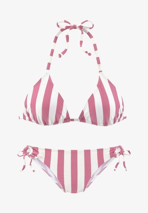 Gestreiftes Bikini-Set in Pink- und Weißtönen. Das Oberteil hat eine dreieckige Form mit verstellbaren Halternecken; die Unterteile haben seitliche Bindebänder.