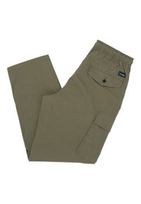 Pantalons cargo vert olive avec une taille élastique, une poche arrière et deux poches latérales. Tissu lisse et léger avec une finition mate.