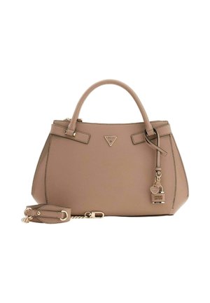Beige structured handbag with a smooth, synthetic texture, dual top handles, detachable strap, and gold-tone hardware. Features a signature logo and charm.
