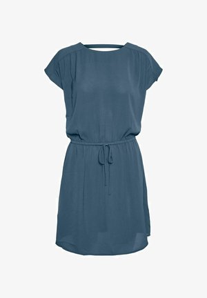 Lyhythihainen sininen mekko, joka on valmistettu kevyestä kankaasta ja siinä on kiristettävä vyötärönyöri sekä pyöreä pääntie.