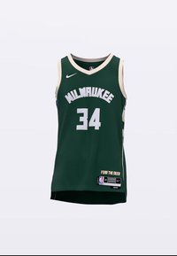 Green basketball jersey with white accents. Features "MILWAUKEE" in bold letters, number "34," and slogan "FEAR THE DEER" on the bottom.