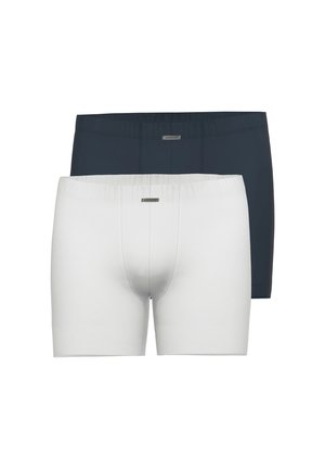 Zwei Paar Herren-Boxershorts in uni Farben, eines weiß vorne und eines dunkelgrau hinten, beide mit kleinem vorderem Etikett.