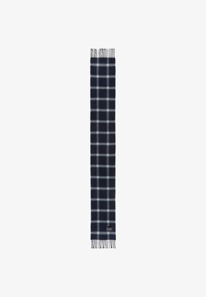 Navy blue plaid scarf made of soft fabric, featuring a checkered pattern in white and gray, and fringed edges for texture.