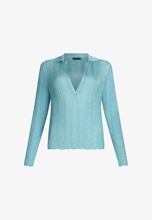 Lichtblauwe lange mouw sweater met een V-hals, geribbelde textuur en een golvende zoom. Het materiaal heeft een subtiele glans. De kraag is puntig.