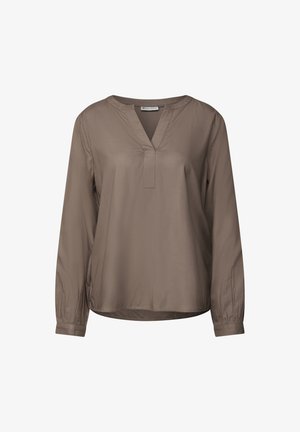 Brown long-sleeve blouse with a v-neckline, featuring a loose fit, soft texture, and gathered accents at the sleeve cuffs.