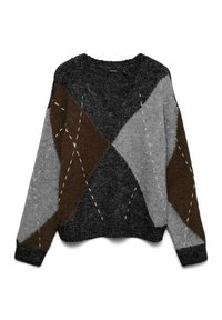 Pleteni pulover z geometričnim vzorcem v odtenkih sive, rjave in črne barve z vidnimi belimi šivi in okroglim izrezom.