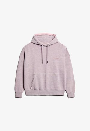 Sudadera de color púrpura claro con capucha, bolsillo frontal y cordones. Presenta un sutil logo de "Superdry" en el pecho. Textura de tela suave.