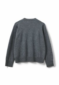 Maglione grigio a maglia con scollo rotondo, polsini e orlo a costine. Tessuto morbido e vestibilità comoda, adatto per essere indossato a strati. Vista posteriore mostrata.