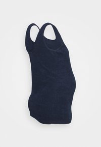 Top sem mangas azul marinho em material suave com um design ajustado. Apresenta duas alças e uma bainha curva, apropriado para acomodar uma barriga.