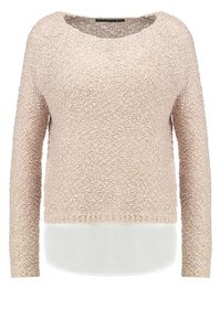 Pull beige en tricot avec un col rond dégagé et des manches longues, présentant une surface texturée et une doublure blanche transparente à l'ourlet.