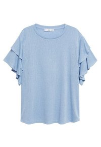 Lyseblå kortærmet t-shirt med lagdelte flæser på ærmerne, rund halsudskæring og en afslappet pasform. Lavet af blødt, letvægtsstof.