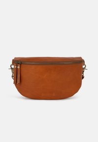 Brown leather clutch bag with a rounded shape, top zip closure, and side tassel detail. Features subtle embossed branding on front.