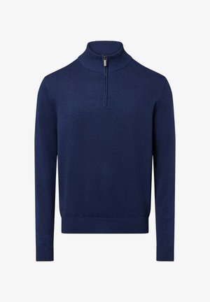 Dunkelblauer Strickpullover mit hohem Kragen und Viertelreißverschluss. Lange Ärmel sowie gerippter Saum und Bündchen. Weiche Textur.