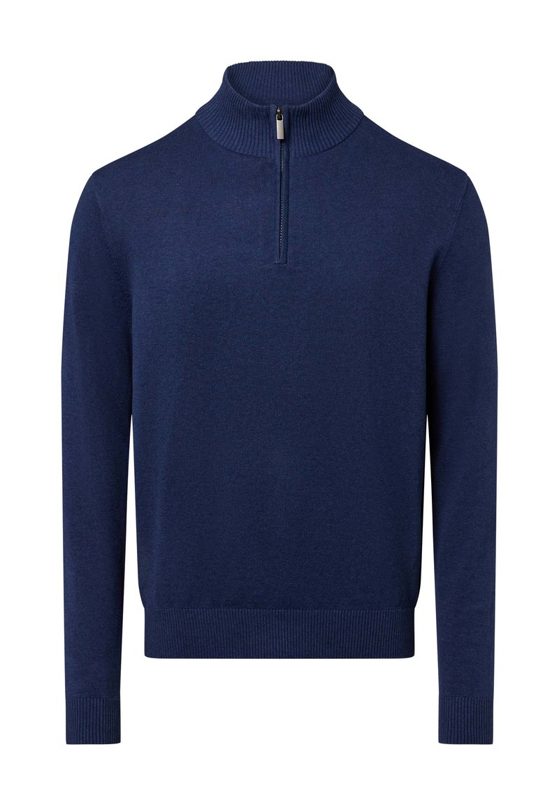 Marinens blauw gebreide pullover met een hoge kraag en een kwart-ritssluiting. Lange mouwen en geribbelde zoom en manchetten. Zachte textuur.