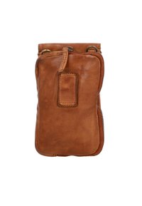 Borsetta in pelle marrone con chiusura a zip, forma rettangolare piccola e tasca esterna. Presenta una parte superiore rinforzata e hardware in metallo.
