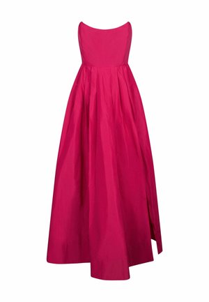Dolga fuksijasto roza obleka brez naramnic z oprijetim zgornjim delom in široko krilom z nežnimi gubami ter stranskim razporkom.