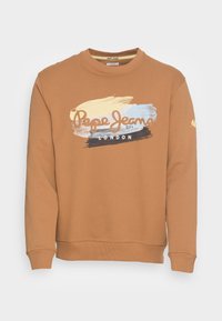 Felpa marrone a maniche lunghe con testo "Pepe Jeans London" e design a pennellate blu, crema e nero sul petto, con polsini e orlo a costine.