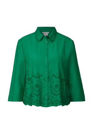 Grüne Button-Down-Bluse aus leichtem Stoff, mit aufwendiger Stickerei am Saum, langen Ärmeln und einem kragenförmigen Ausschnitt.