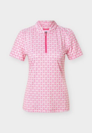 Rövid ujjú, rózsaszín-fehér mintás galléros póló fél cipzárral az elején és puha gallérral, alkalmi viseletre tervezve.