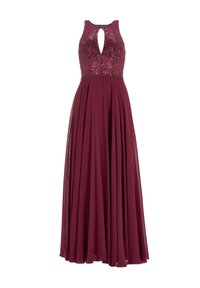 Robe bordeaux sans manches, longue jusqu'au sol, avec un corsage à sequins, un décolleté en trou de serrure et une jupe en chiffon fluide.