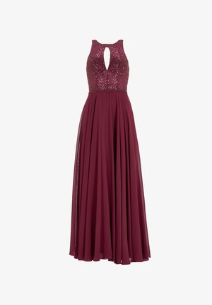 Robe bordeaux sans manches, longue jusqu'au sol, avec un corsage à sequins, un décolleté en trou de serrure et une jupe en chiffon fluide.