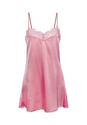 Pink satin slip dress with thin straps and lace trim along the neckline and upper chest, featuring small decorative buttons at the center.